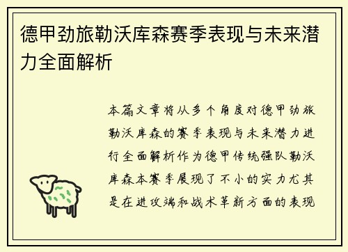 德甲劲旅勒沃库森赛季表现与未来潜力全面解析