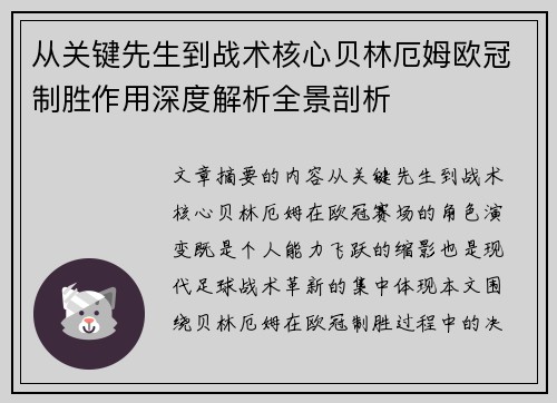 从关键先生到战术核心贝林厄姆欧冠制胜作用深度解析全景剖析